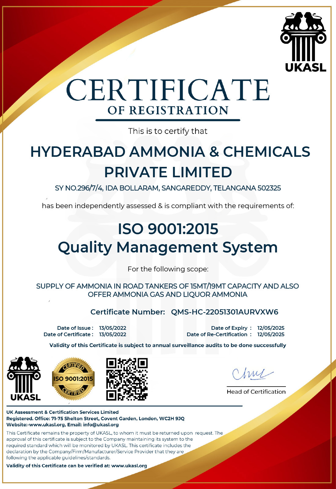 HYDERABAD AMMONIA AND CHEMICAL PVT. LTD. 9001