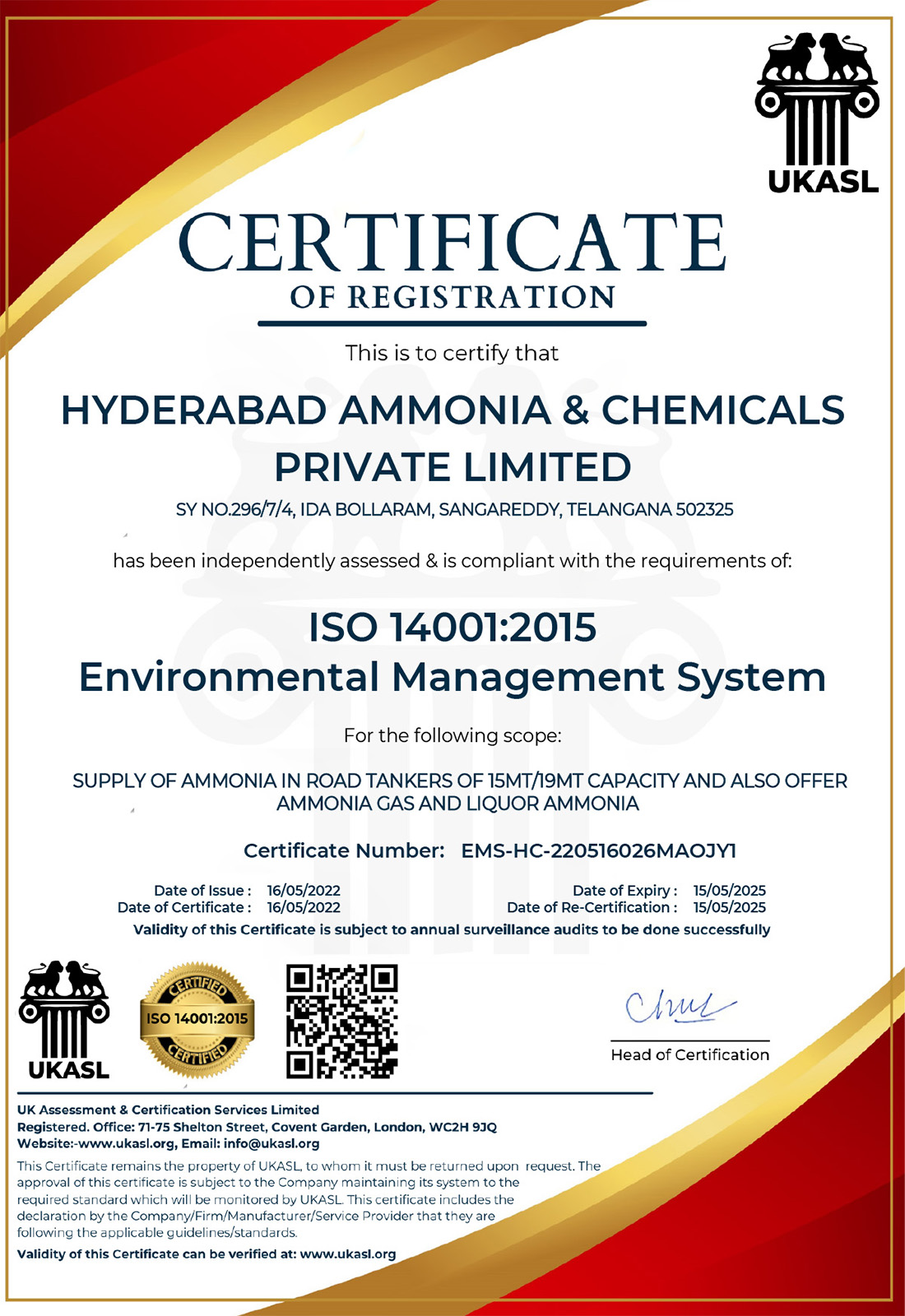 HYDERABAD AMMONIA AND CHEMICAL PVT. LTD.14001